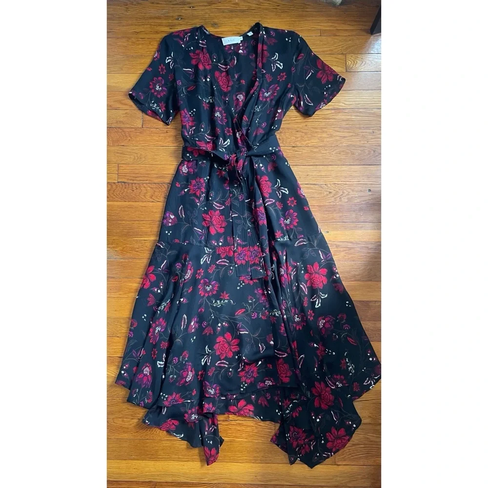 A.L.C. Cora Silk Floral Wrap Black Midi Dress 6